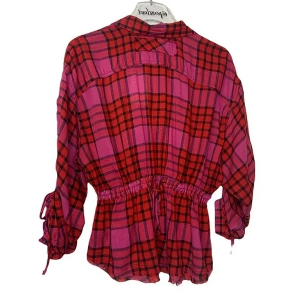 New We The Free People Red Plaid Combo Boho Gathered Peplum Top NWT - Picture 10 of 16